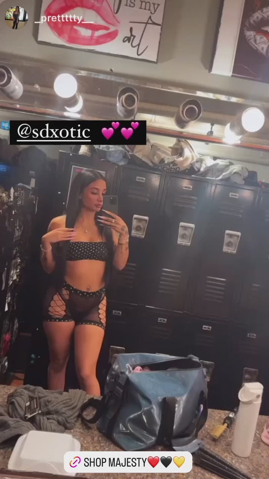 Majesty Rhinestone Crotchless Fishnet Shorts Set Fits XS-L