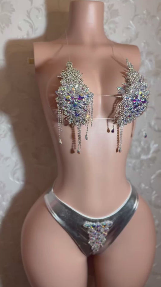 High Priestess Birthday Crystal Diamond Bikini Set with Full Coverage Thong