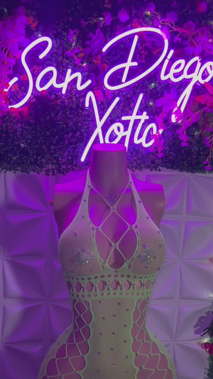 Draya — Fishnet Romper with Rhinestones and Dress Fits XS-L