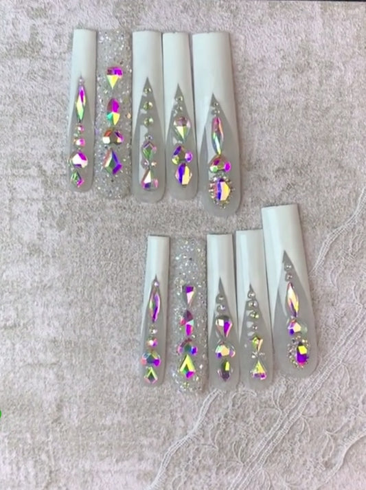 Heiress 3XL White Tip Tapered Square With Bling Press On Nails