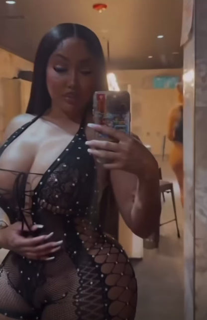 Video Vixen — Lace Fishnet Romper With Rhinestones Fits XS-L